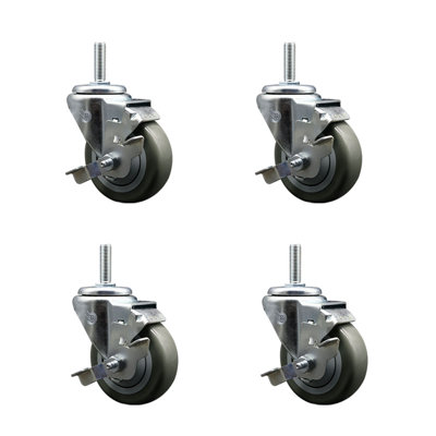 3.5 Inch_Poly Wheel Swivel 3/4 Inch_Threaded Stem Caster Set with Brake