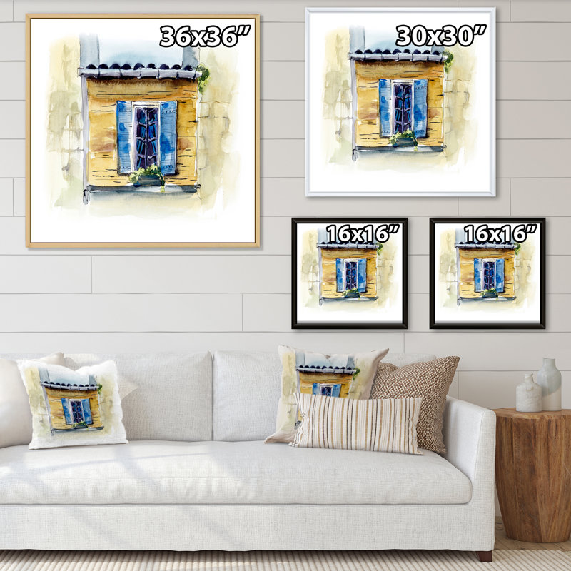 Fenêtre bleue dans une maison rustique - Peinture sur toile, Cadre flottant érable, H 16 po x l 16 po x P 1 po