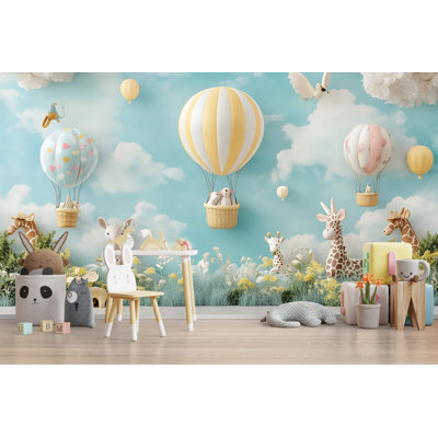 Hot Air Balloon Nursery Wallpaper – Cute Animal Jungle Theme With Giraffes, Elephants, And Clouds, Pastel Cartoon Wall Mural For Baby Room Or Kids Decor
