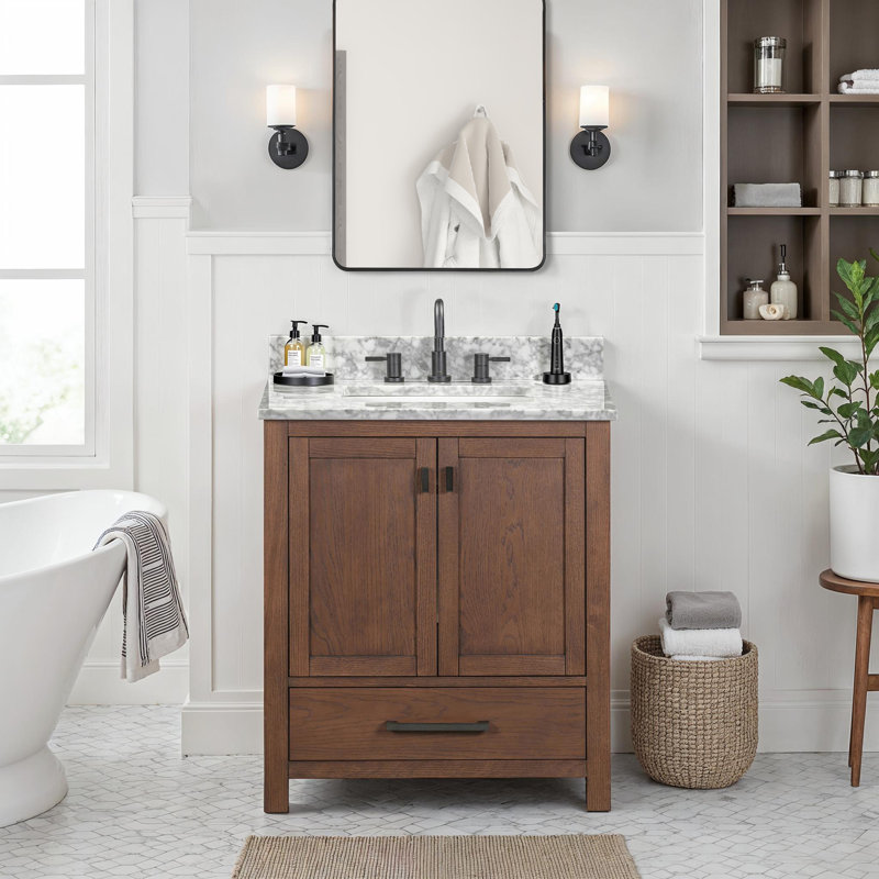 Modero 30" Single Bathroom Vanity with Top, Mocha Oak, Black, Carrara White Marble