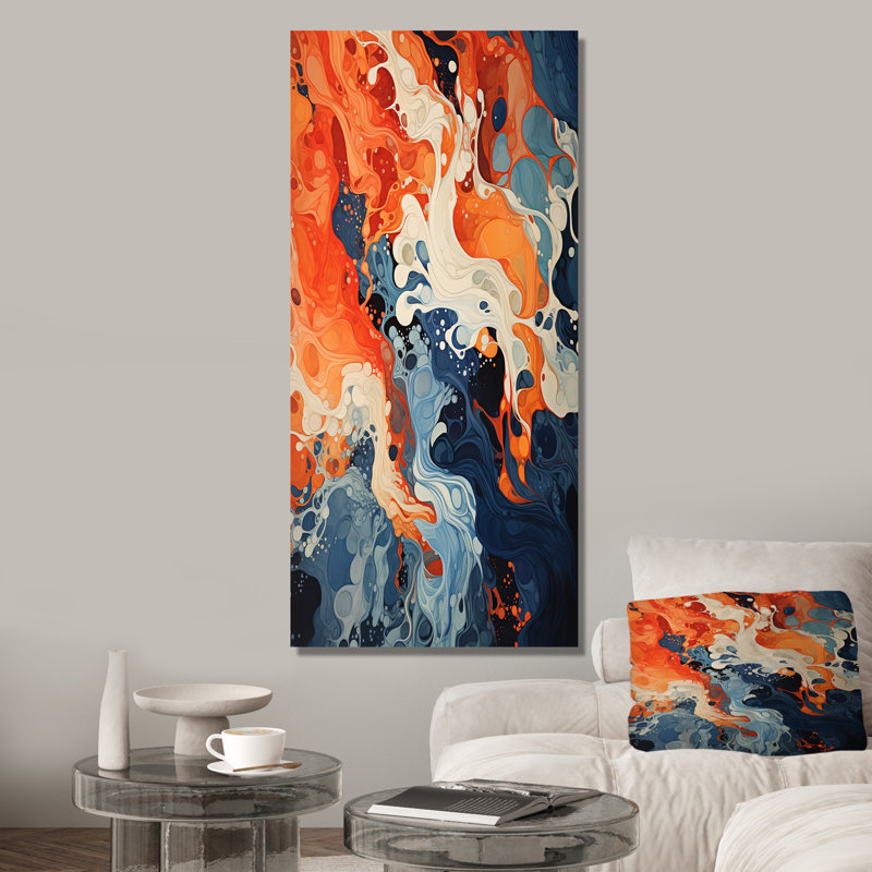 Encre liquide bleue et orange II - art mural abstrait, Toile tendue, H 60 po x l 28 po x P 1,5 po