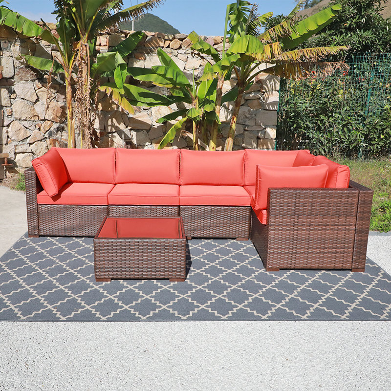 Ensemble de conversation modulaire en rotin avec coussins 6 pièces Alexaundra, Structure grise / Coussin orange