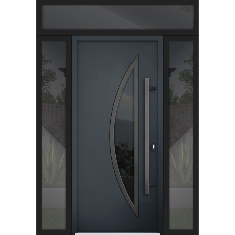 Porte d'entrée extérieure prémontée en acier Deux 6501 Anthracite, 2 fenêtres latérales et supérieures, inserts en acier inoxydable, style moderne, peinte, dimensions : L 12 + 36 + 12 x H 80 + 16, ouverture à gauche vers l'intérieur