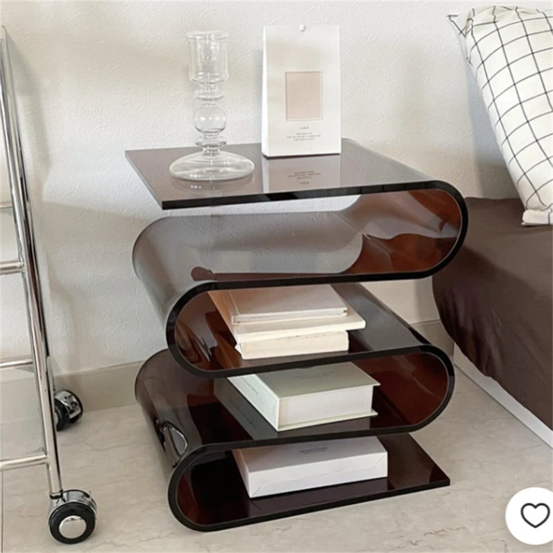 Modern Acrylic Wave Side Table with Multi-Tier Storage - Clear & Smoked Brown Finish, Brown