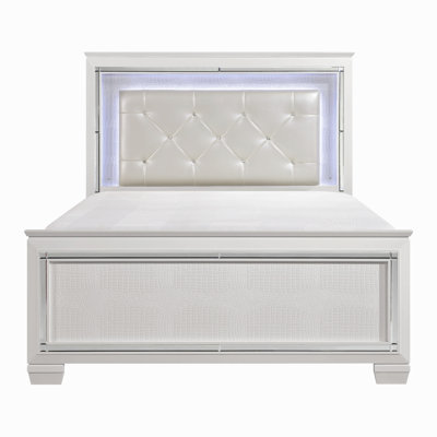 Upholstered Button-Tufted Queen Size Bed Led Headboard Faux Alligator Embossed Textural Panels Wooden Bed
