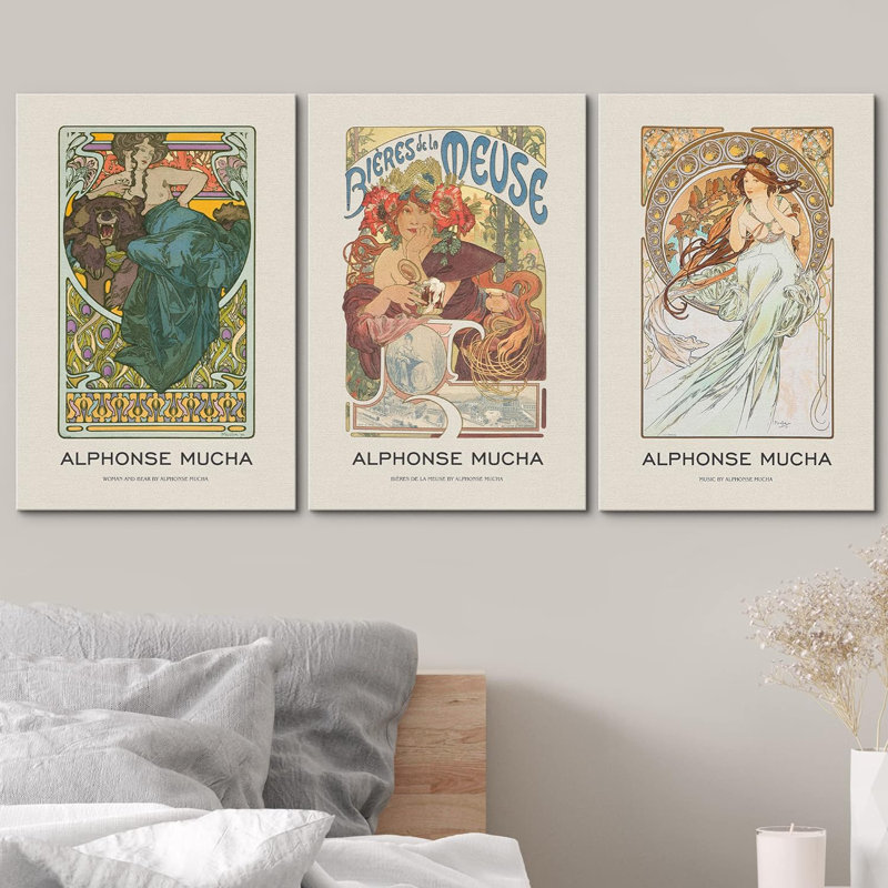 Œuvre classique, motif de fleurs d'Alphonse Mucha, femmes, 3 pièces, Toile tendue, H 24 po x l 16 po x P 1,5 po