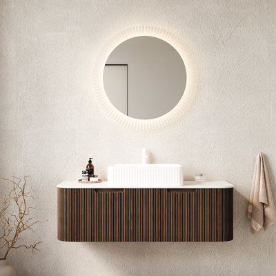 Meuble-lavabo de salle de bain de 122 cm (48 po), lavabo en céramique blanche, armoire à rayures 3D en noyer foncé, 2 tiroirs, grand espace de rangement, comptoir, système de fermeture amortie, préassemblé