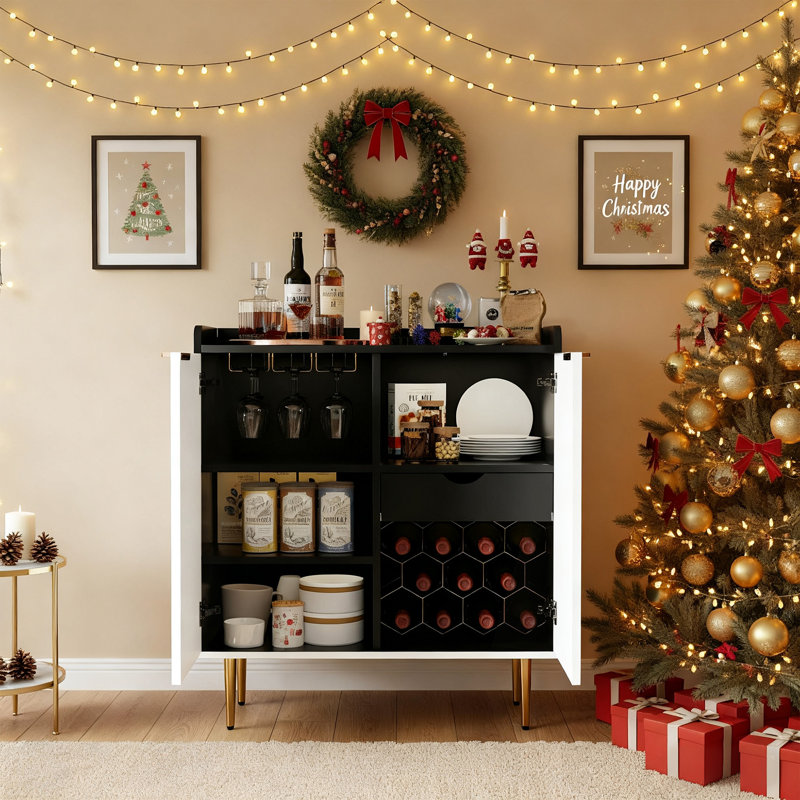 37.4'' Modern Coffee Bar Cabinet With Wine Racks And Drawer Storage For Living Room, Black/White