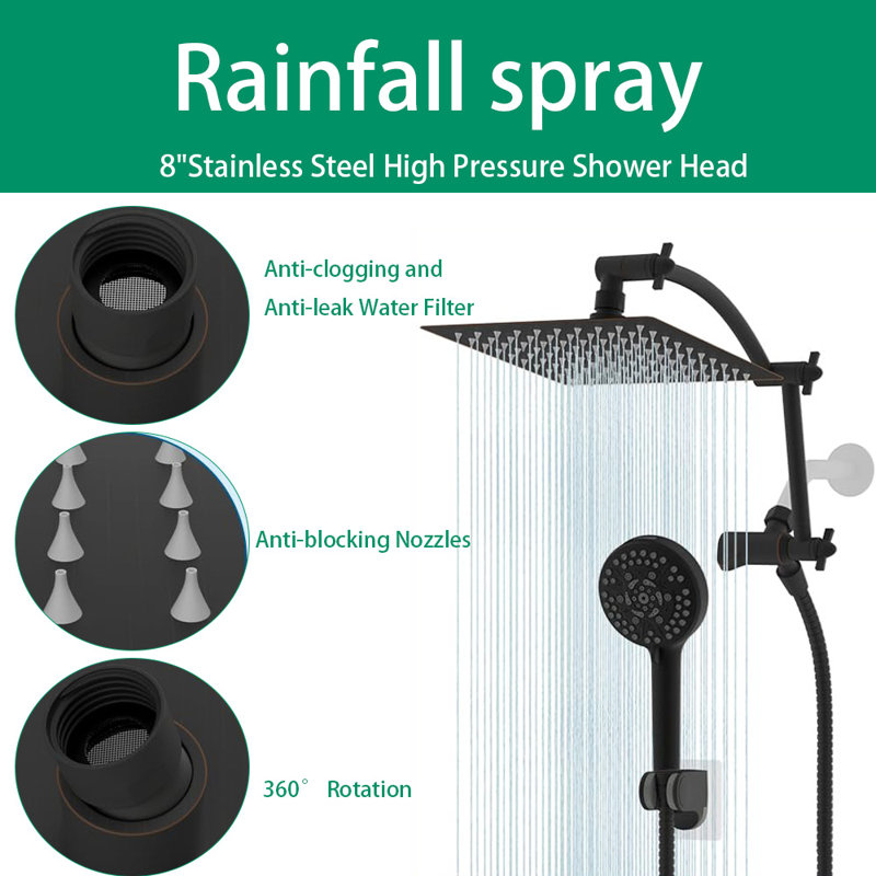 8'' High Pressure Rain Shower Head, 16'' Adjustable Arc-Shaped Extension Arm, 10 Sprays, 71'' Hose, Oil Rubbed Bronze