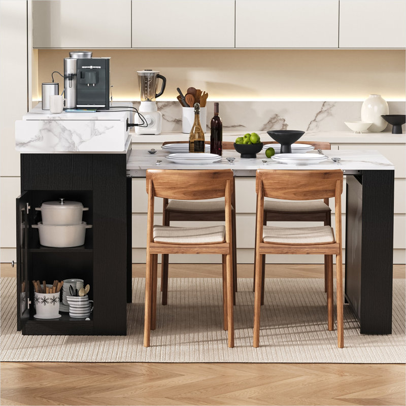 Table de salle à manger extensible avec plateau pliable et prise de courant, marbre blanc et noir de jais, 3 places, buffet pour îlot de cuisine