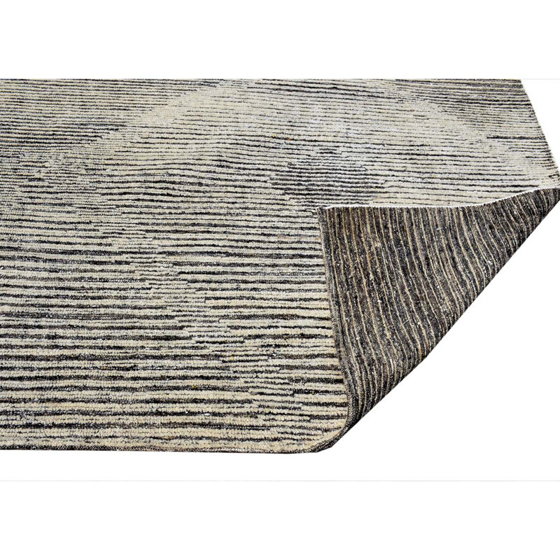 Tapis rayé en laine noué à la main ivoire / noir, Rectangle 10 pi x 14 pi