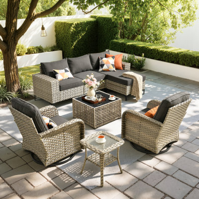 Ensemble de conversation de patio 8 pièces, canapé modulaire d'extérieur en osier avec larges accoudoirs et table basse, ensemble de canapé de patio avec fauteuils et coussins pivotants