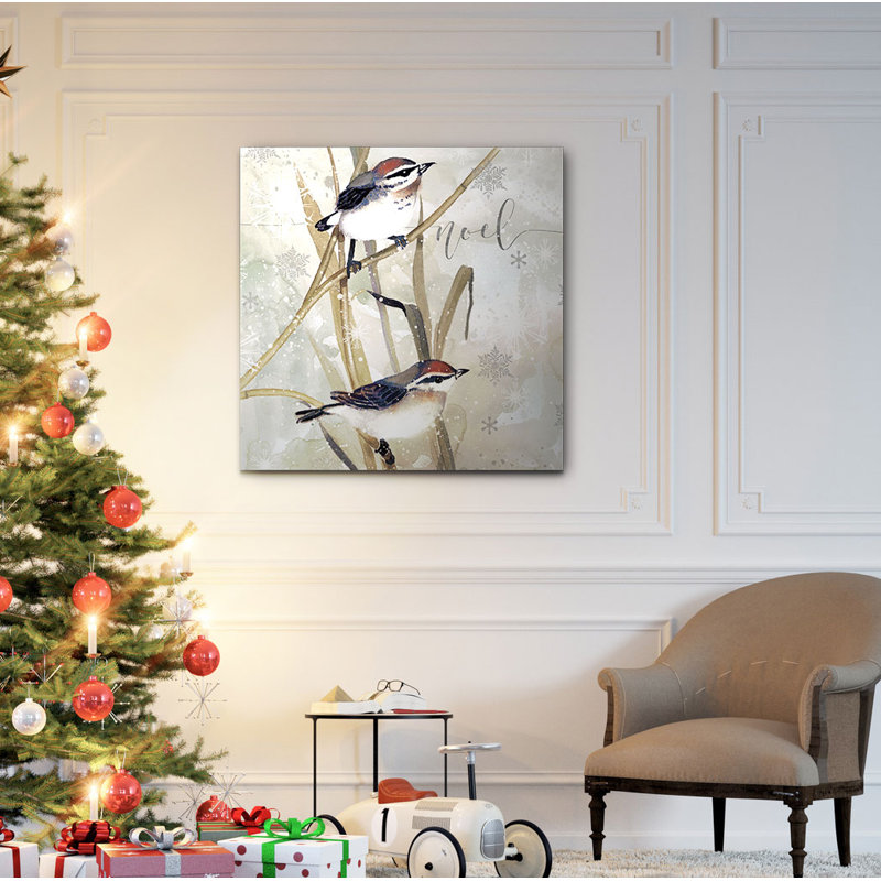 « winter oiseaux noel », peinture, H 24 po x l 24 po x P 1,5 po, Encadrement argenté