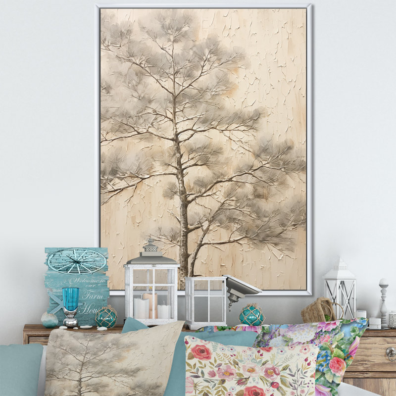 «Beige Tree Pine Zen Scenery II», reproduction d'art sur toile, Cadre flottant blanc, H 32 po x l 16 po x P 1 po