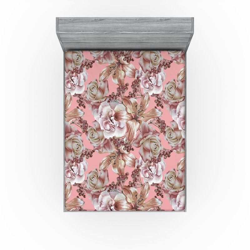 Drap-housse rustique Ambesonne, Rose pastel, séquoia pâle / floral, Drap-housse de taille très grand
