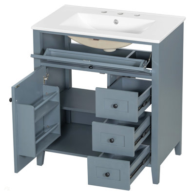 Meuble-lavabo 30 po avec lavabo, panneau de fibres à densité moyenne moderne et bois d'hévéa avec 3 tiroirs et tablette réglable, meuble-lavabo autoportant pour le rangement et l'organisation de la salle de bain (porte de gauche)