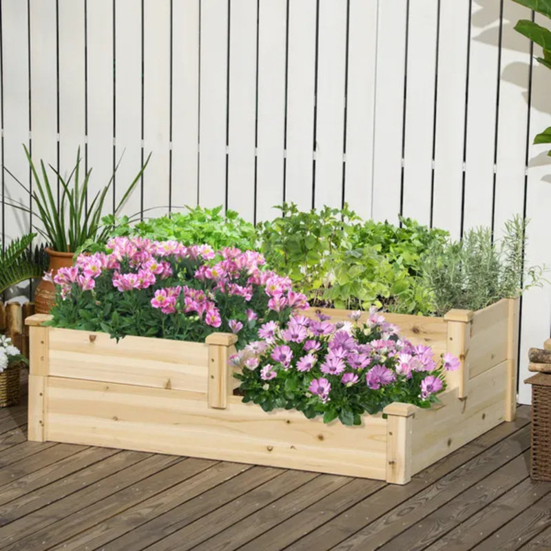 3-Tier Wooden Raised Garden Bed, Natural Open Bottom Stair-Style Outdoor Planter Box for Flowers Veggies Herbs