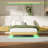Queen Floating Bed Frame With LED Lights, Wave Curve Wood Texture Bed With Heavy Duty Metal Slats-957807114-957807113