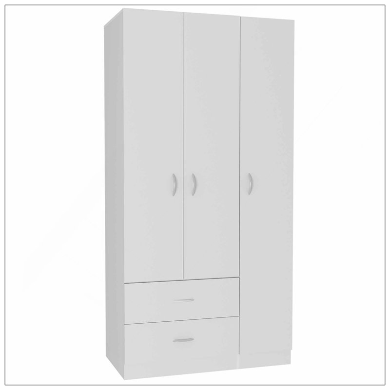 Armoire 3 portes avec tiroirs, tablettes et tringle de suspension - Blanc, Blanc