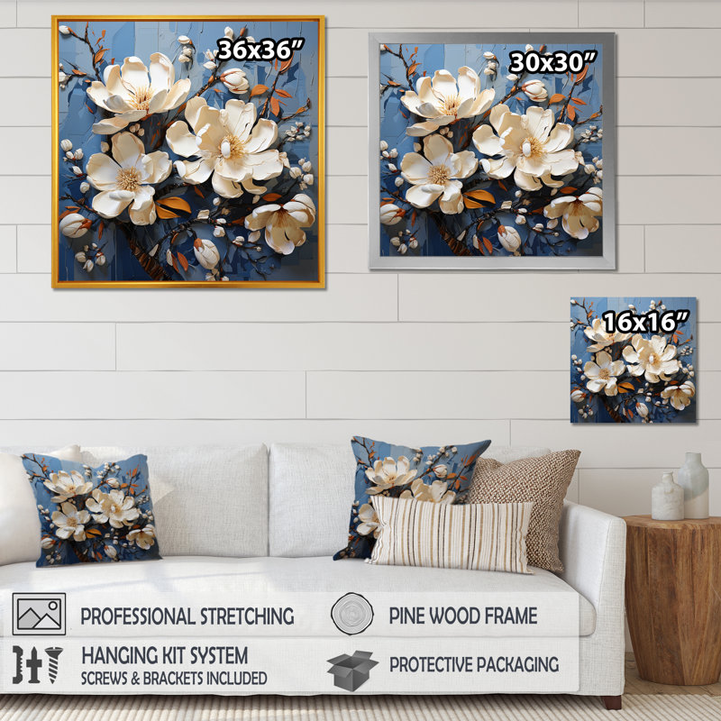 «Magnolia Blooming Elegant III» bleu et blanc sur toile, Cadre flottant blanc, H 30 po x l 30 po x P 1 po