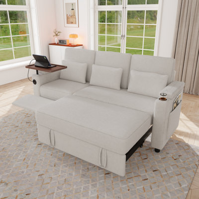 81" Convertible Chenille Sleeper Sofa Bed with Adjustable Backrests, Pull-Out Bed, Power Recliner, Side Table, USB Charging Port & Storage Armrests