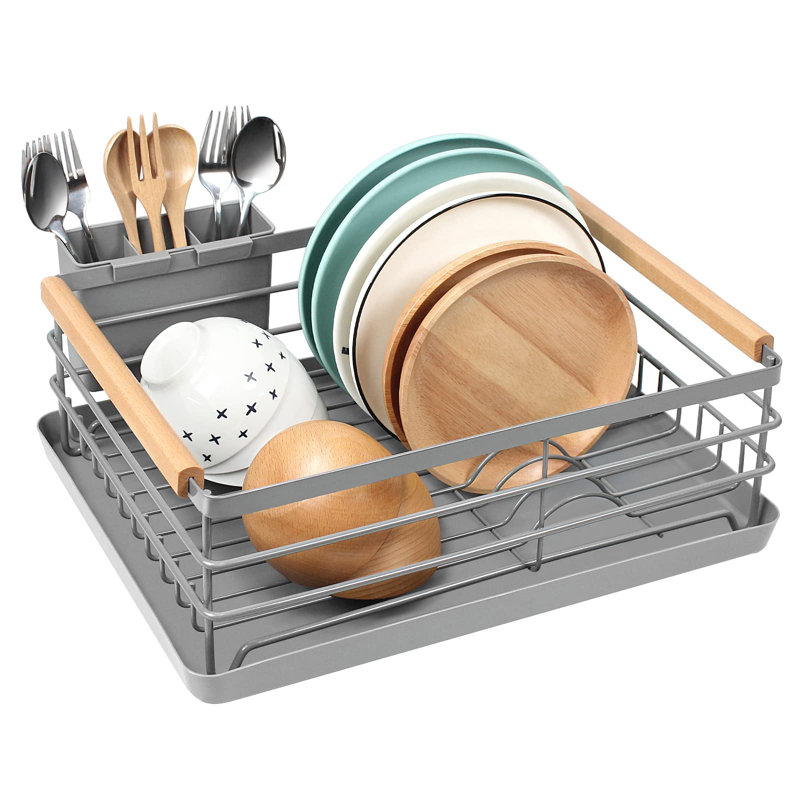 Stainless Steel Dish Drying Rack With Wooden Handle, Removable Drain Tray, And Cutlery Holder, Grey