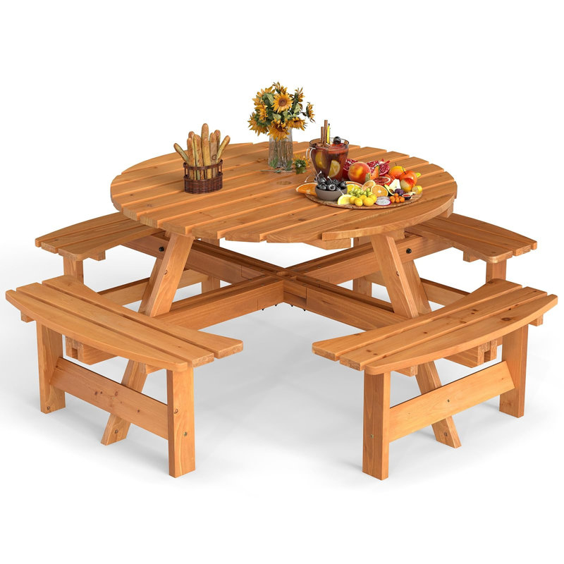 Ensemble de table de pique-nique en bois pour 8 personnes, table de camping ronde avec trou pour parasol, Jaune