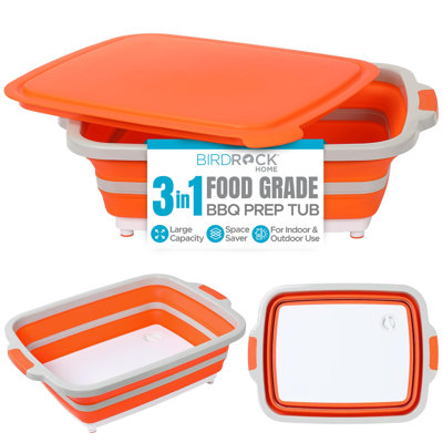 BIRDROCK HOME Collapsible Large BBQ Prep Tub w/ Cutting Board, Multi-Function Grill Caddy w/ Colander & Lid, Portable Silicone Dish Bowl for Picnic, Tailgate, Camping