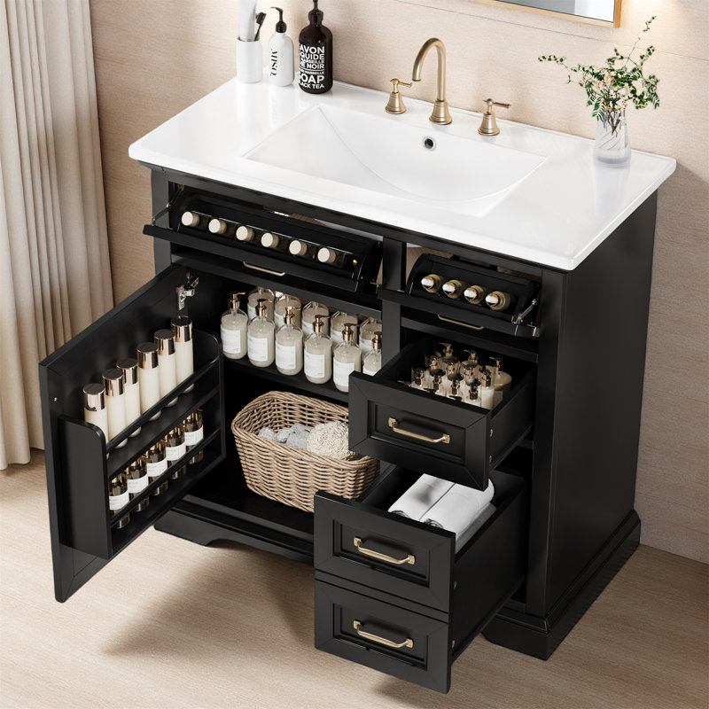 Meuble-lavabo moderne avec lavabo en céramique, 2 tiroirs et charnières de porte à fermeture en douceur, Noir, Laiton