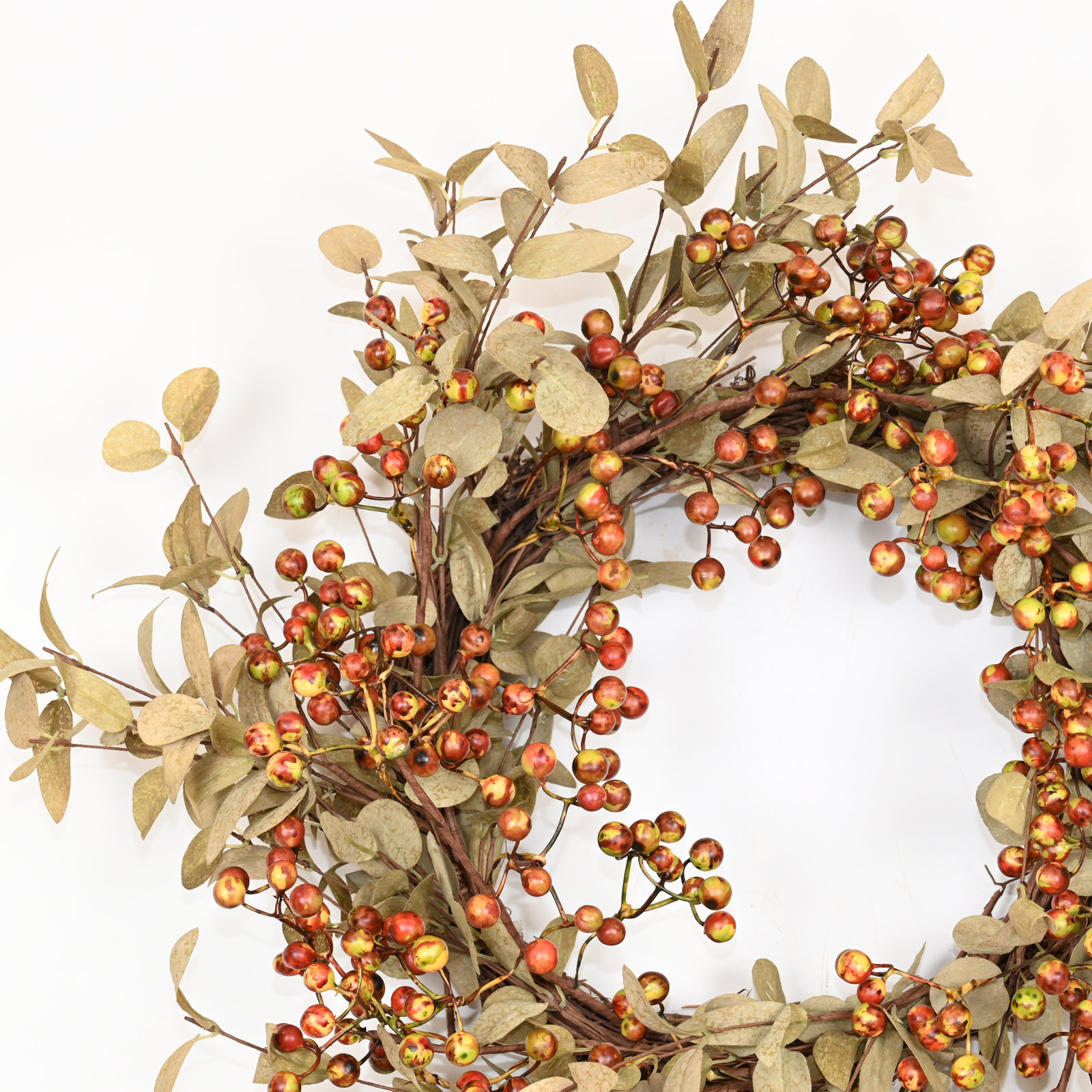 22" Handcrafted Foliage, Berry Thanksgiving Wreath, Brown