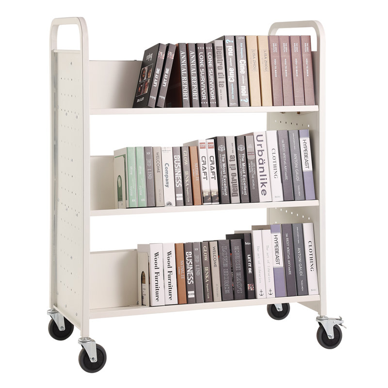 White Double-Sided Rolling Book Cart with Lockable Wheels