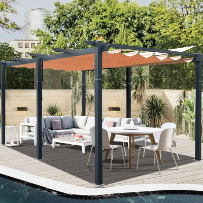 Pergola d'extérieur 11 x 16 pi en kaki. Structure en aluminium, auvent, abat-jour rétractable, installation facile pour la cour, la pelouse, la piscine
