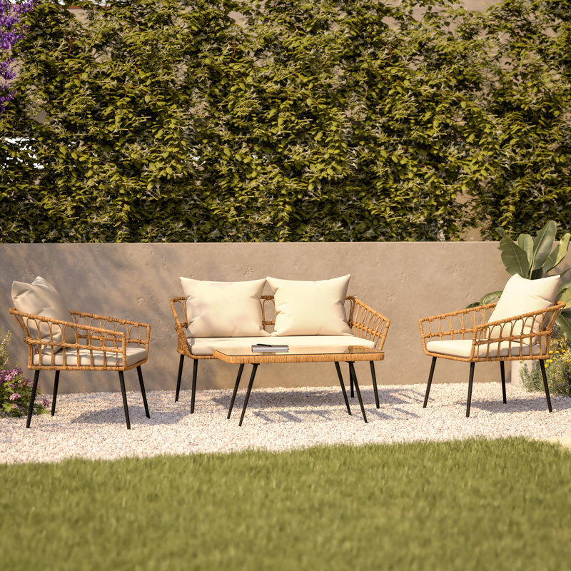 All-Weather 4 Piece Rope Rattan Patio Seating Set With Cushions, Cream