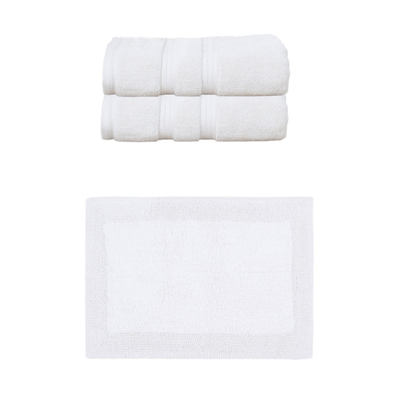 Ensemble de serviettes de bain 100% coton 2 pièces Buariki Collection et tapis de bain 1 pièce Buariki Collection, Blanc