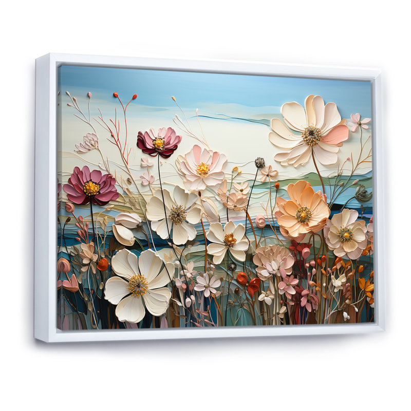 White Morning Glory Flower Field - Décoration murale champ de fleurs, Cadre flottant blanc, H 34 po x l 44 po x P 1,5 po