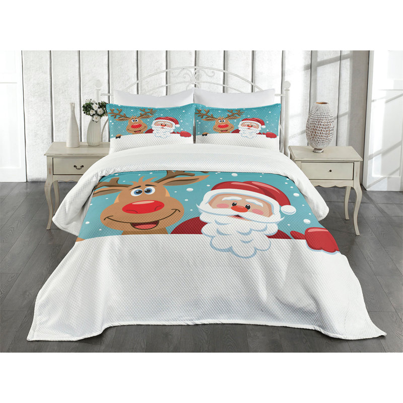 Ambensonne Santa Bedspread Rudolph Multicolor Multicolor, King Coverlet/Bedspread + 2 Pillow Shams