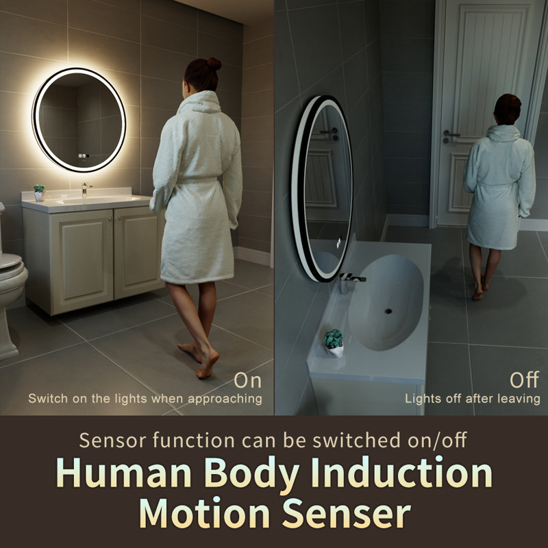 Balig Round Black Illuminated Dimmable LED Anti Fog Mirror Bathroom Vanity Mirror with Motion Sensing, 28" x 28"