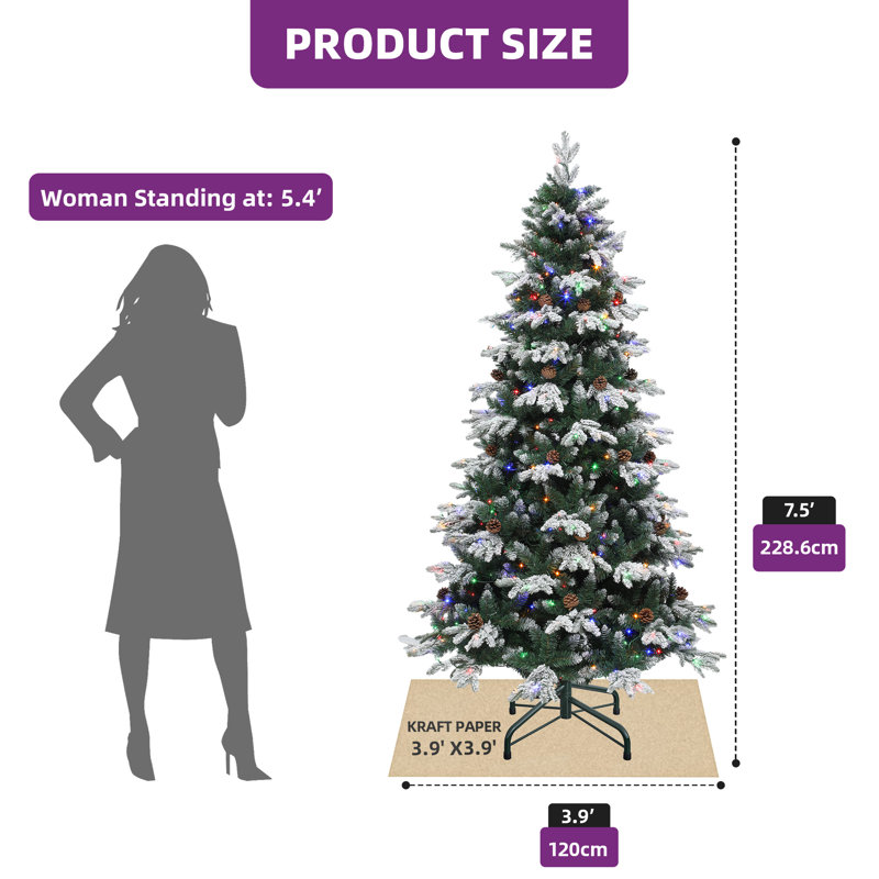 Arbre de Noël à niveaux 7,5 pi avec lumières réglables et pommes de pin
