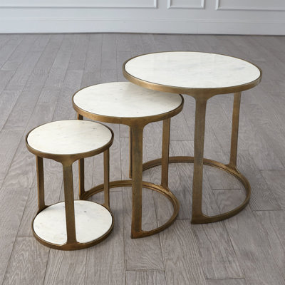3 Piece Marble Top Nesting Table Set-Brass