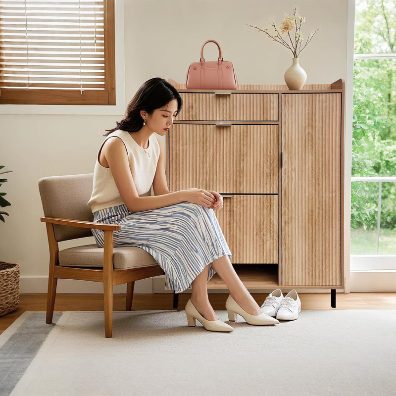 Shoe Cabinet with 2 Flip Drawers, Freestanding Shoe Storage Cabinet, Entryway Storage, Adjustable Shelves, Metal Legs
