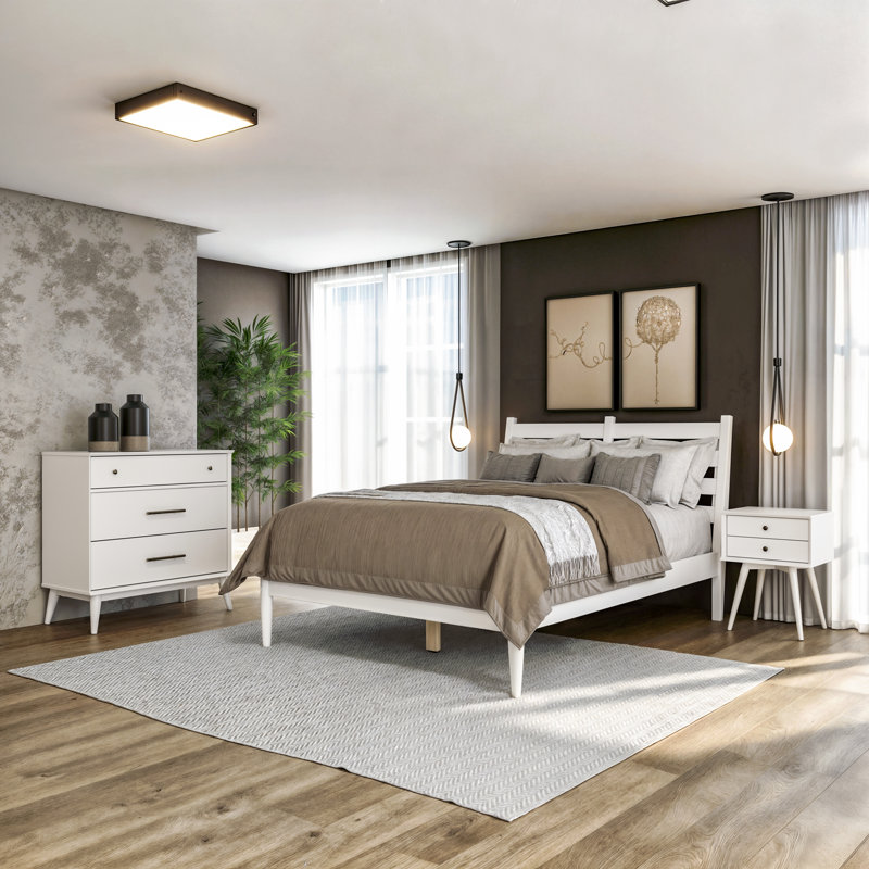 Lit plateforme en bois massif Ashlie, Blanc, Complète