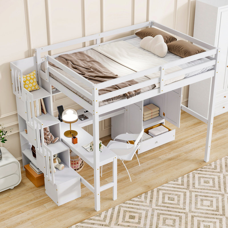 Full Size Loft Wood Bed With Desk, Book Shelves And Wardrobe With Doors And Drawer, Built-In Staircase With Storage Shelves, Loft Bed With Safety Guardrails And Solid Slats,White