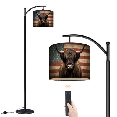 Lampe sur pied à arc avec abat-jour réglable Highland Cow Long Horns contre le drapeau américain rétro Lampe sur pied rustique