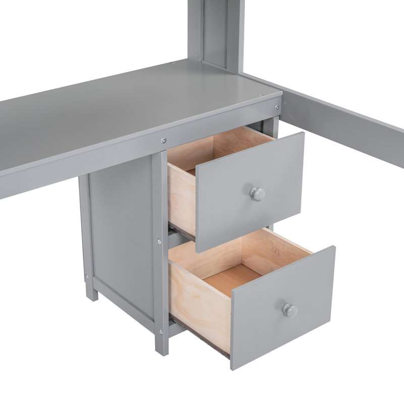 Lit mezzanine gris avec bureau, rangement généreux, tiroirs et armoire de charge, Gris