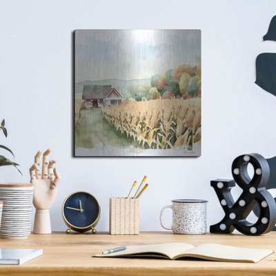  «Countryside Autumn Barn 2» par Nicole DeCamp, art mural en métal, 12 po x 12 po