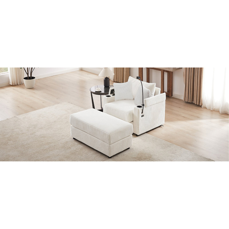 Canapé simple de 41,7 po de style moderne avec espace de rangement, repose-pieds mobile, deux ports USB, deux porte-gobelets, un porte-téléphone pour le salon, beige