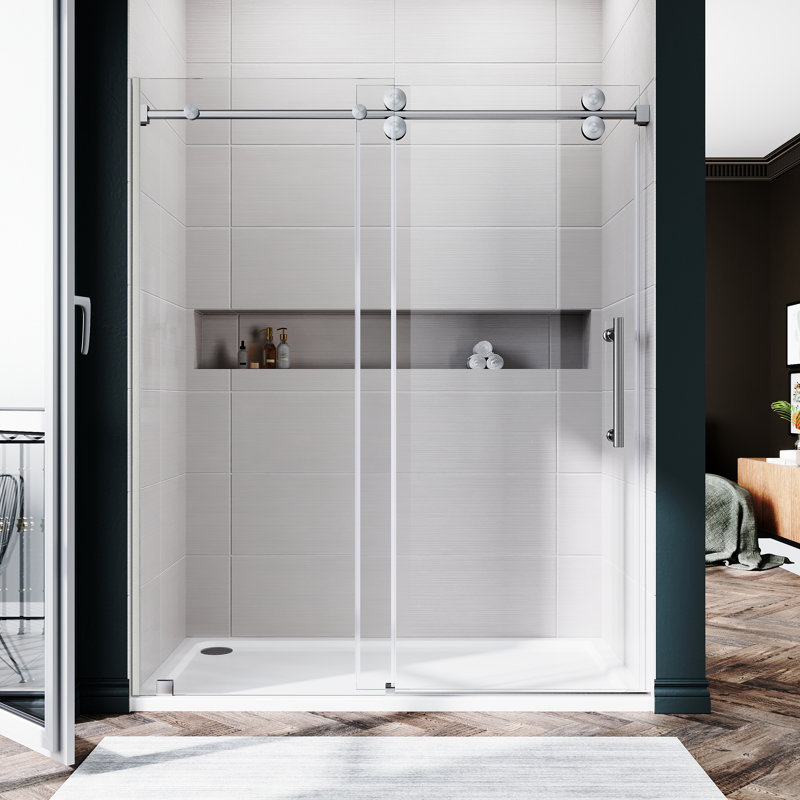 UKS04 56 to 60 in. x 72 in. H Frameless Single Sliding Shower Door with U-Chanel and 3/8 in. (10mm) Clear Glass in Brushed Nickel