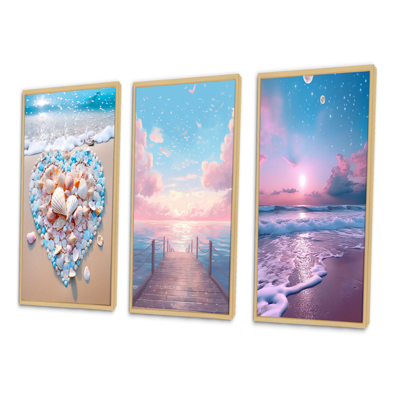 Cœur rose et turquoise sur la plage - ensemble de 3 reproductions, H 20 po x l 36 po, Cadre naturel flottant