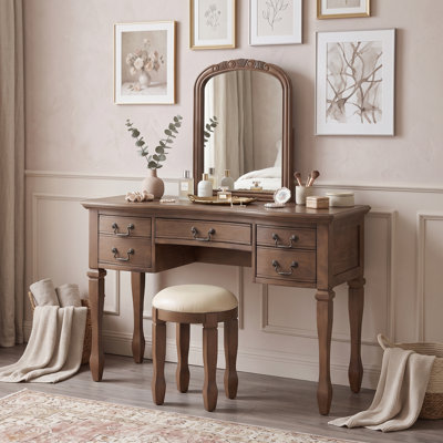 Vintage Vanity Table with Curved Mirror, 5 Drawers and Cushioned Leather Stool
