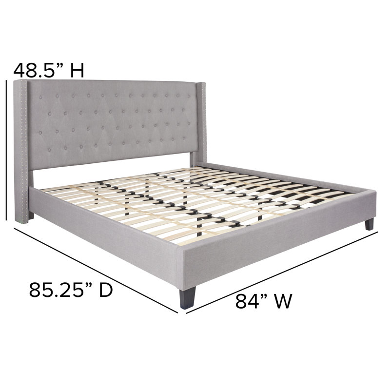 Aluino Tufted Upholstered Platform Bed w/ Accent Nail Trimmed Extended Sides, King, Light Gray